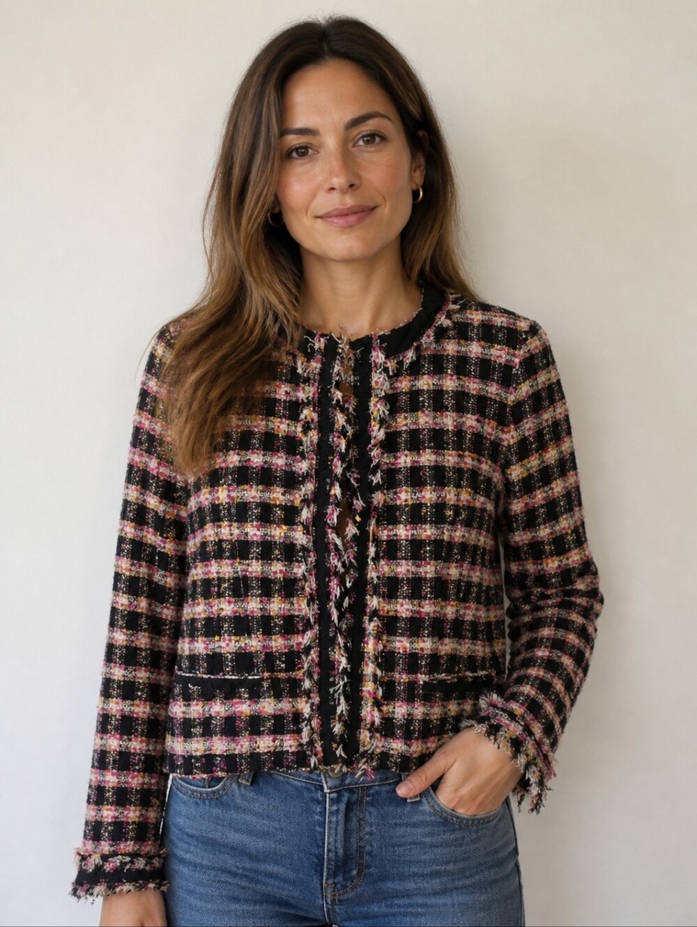 Sara Campbell Pink Black and Cream Tweed Cropped Jacket